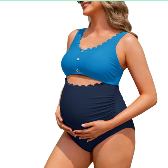 Charmo Other - Charmo Maternity Bathing Suit One Piece Ruched Scoop Neck Swimsuit Scallop Edges